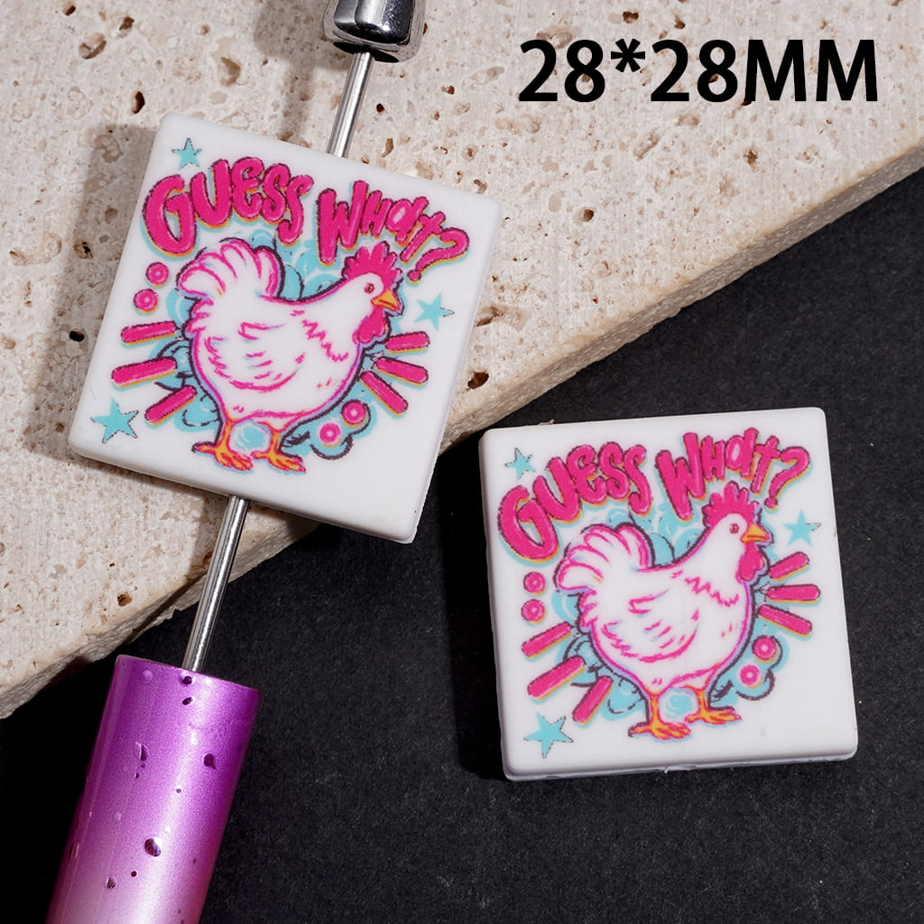 Silicone Focal Beads with Text "GUESS WHAT?" and Rooster, Flat Square Shape