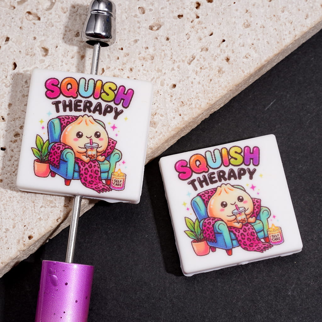 Silicone Focal Beads w "DUMPLING SQUISH CLUB" Text, Steamed Dumplings in Bamboo Basket, Flat Square Shape