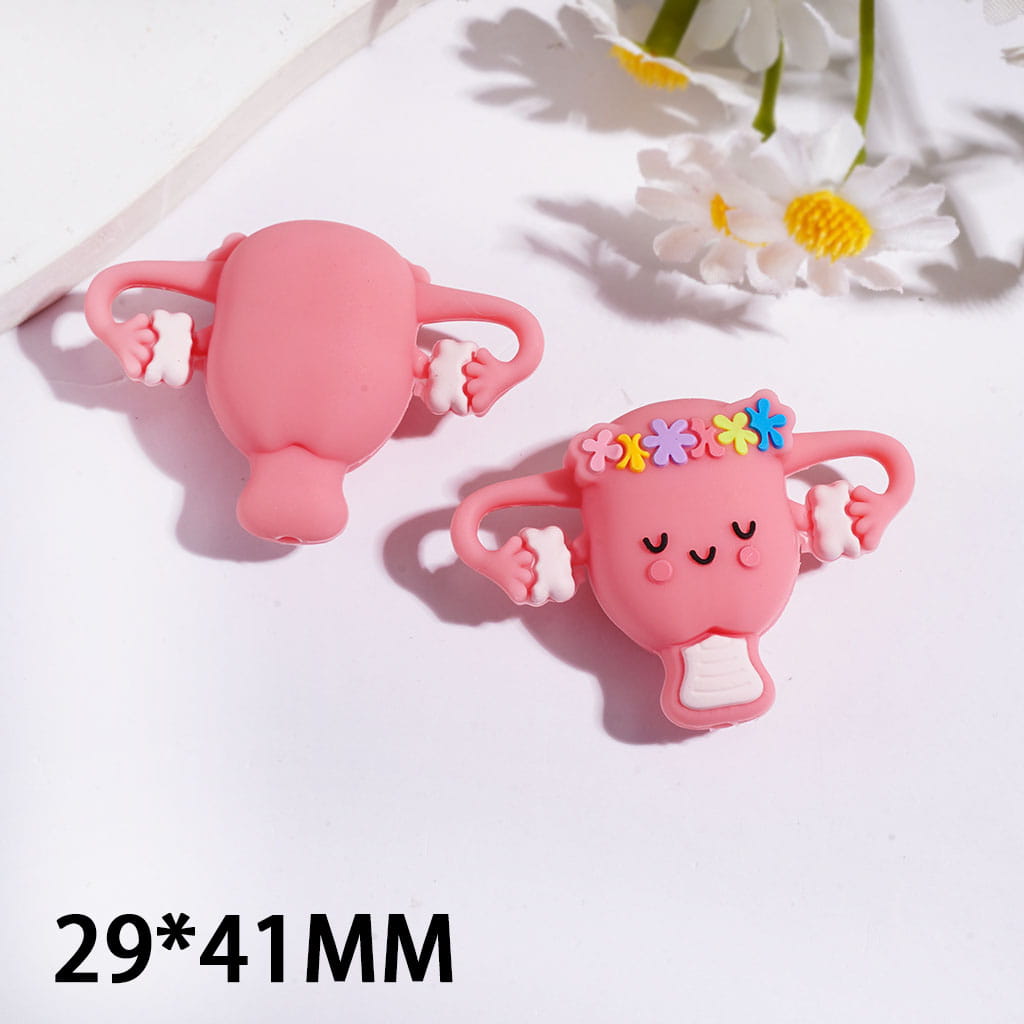 3D Pink Uterus Model with Smiling Flowers Silicone Focal Beads, 29*41MM