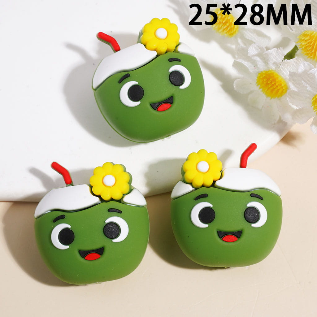 Silicone Focal Beads 3D Smiling Coconut with Yellow Flower, 25*28MM