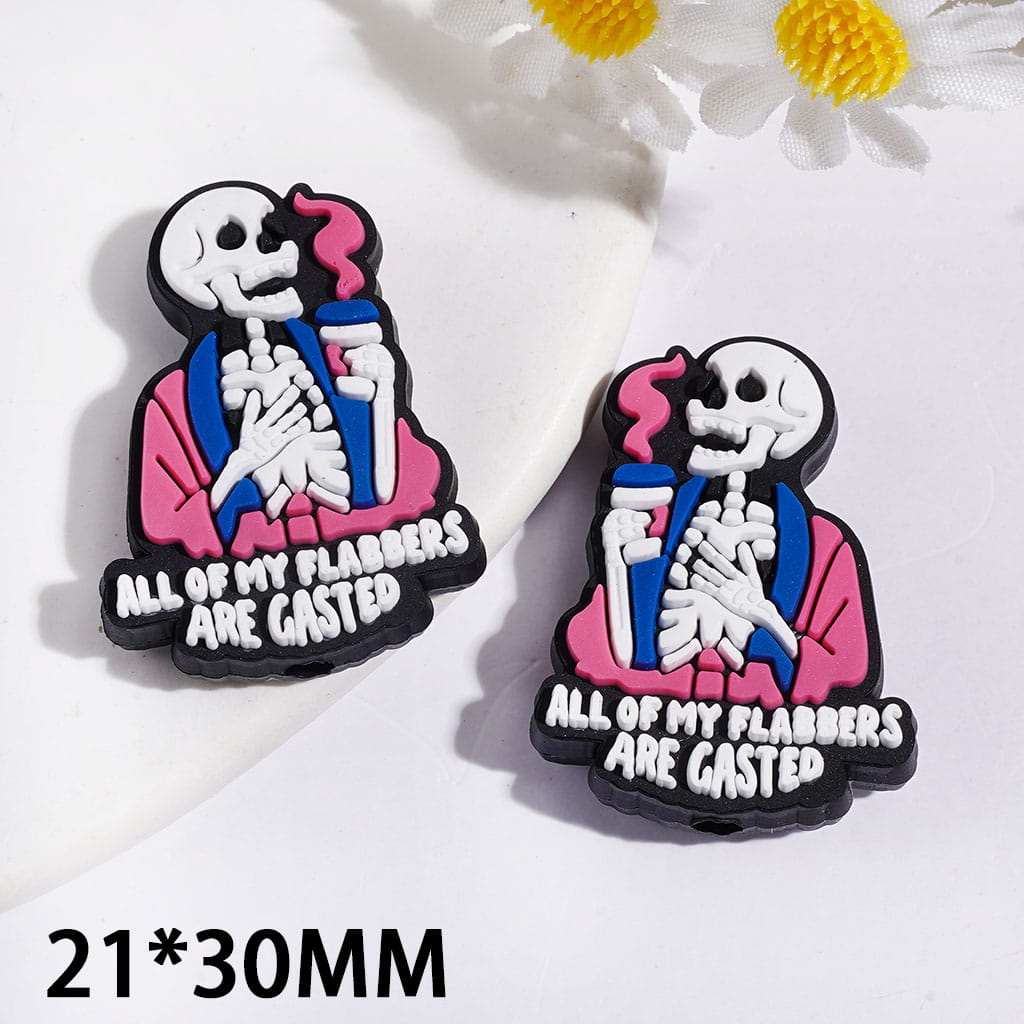 3D Skull Wearing Pink Blue Coat & Text "All Of My Flabbers Are Gasted" Silicone Focal Beads, 21*30MM