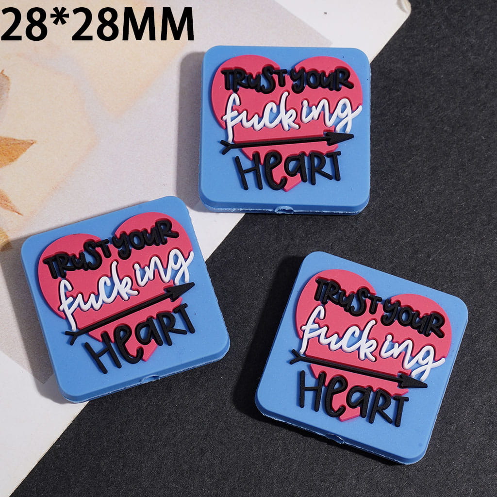 Silicone Focal Beads with Text "Trust Your Humor Heart" and Arrow Through Heart on Blue Background, Flat Square Shape, 28*28MM