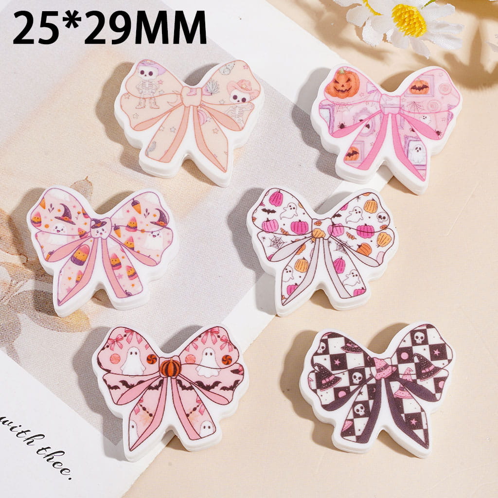 Silicone Focal Beads Bowtie Series with Skull Pumpkin Ghost Bat Wizard's Hat, Halloween Theme, 25*29MM