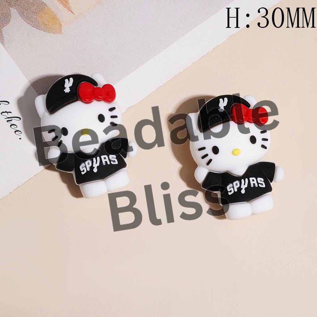 3D Cute Cat Character Wearing American Football Clothes and Spurs Cap Silicone Focal Beads, Height 30MM