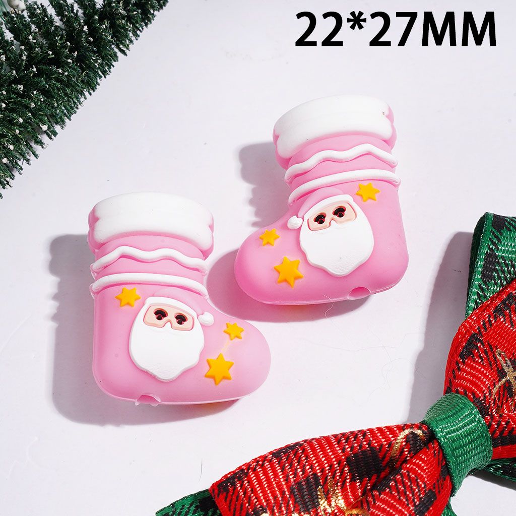 3D Festive Pink Christmas Stocking with Santa Claus Head & Yellow Star Silicone Focal Bead, 22*27MM