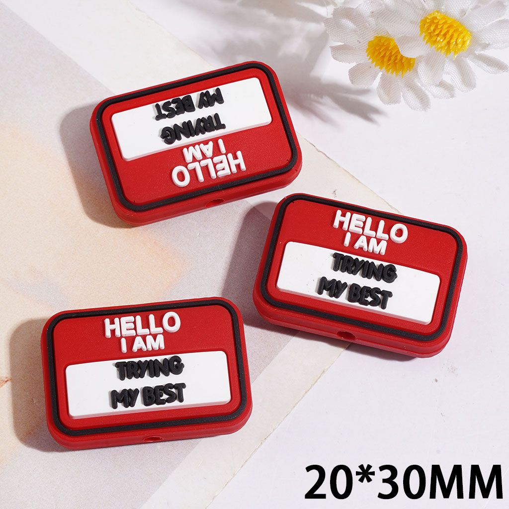 Silicone Focal Beads with Text "HELLO I AM TRYING MY BEST" on Red White Background, Flat Rectangle Shape, 20*30MM
