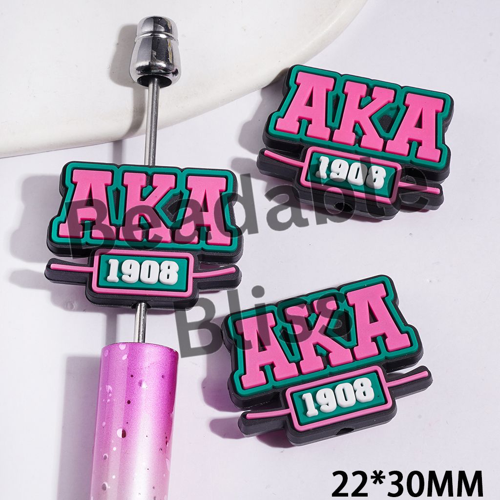 Silicone Focal Beads with Text "Pink Green Letter 1908" on Black Background, 22*30MM