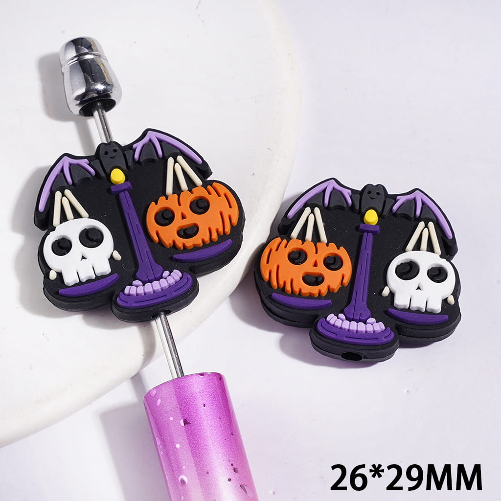 Silicone Focal Beads Purple Balance Design with Bat and White Skull Head and Orange Pumpkin, 26*29MM