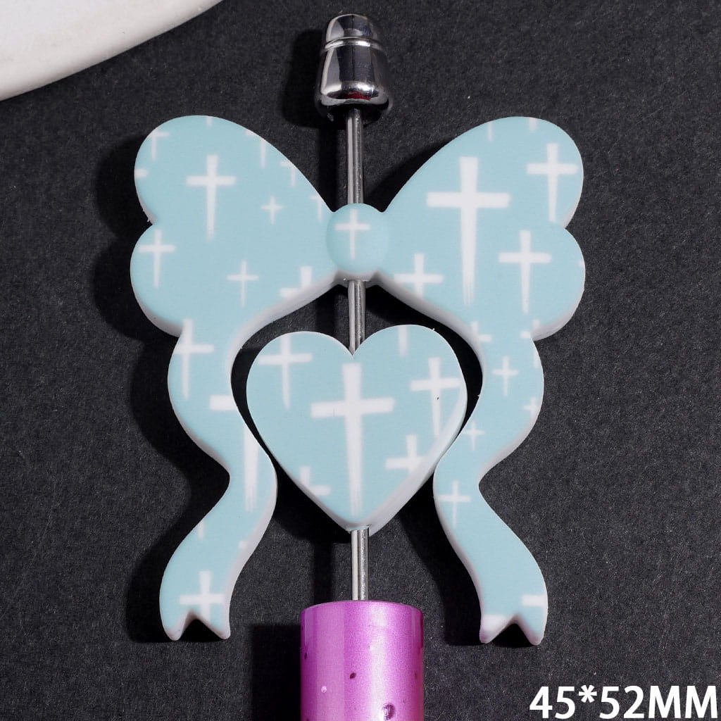 Religious Series Collection Set Silicone Focal Beads, Bowtie and Heart with White Cross Pattern on Light Blue Background, 45*52MM