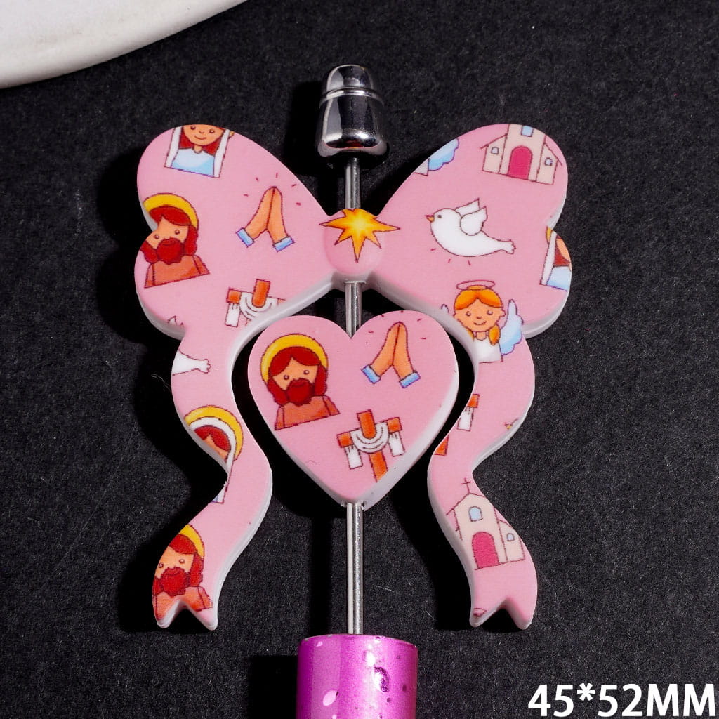 Religious Series Collection Set Silicone Focal Beads, Bowtie and Heart with Cartoon Religious Characters White Dove Pattern, 45*52MM