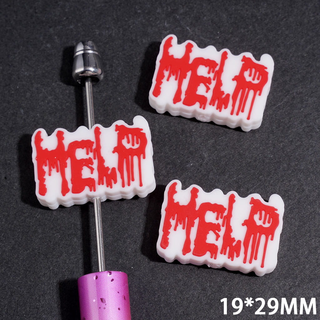 Silicone Focal Beads with Red Liquid Text "HELP" on White Background, 19*29MM