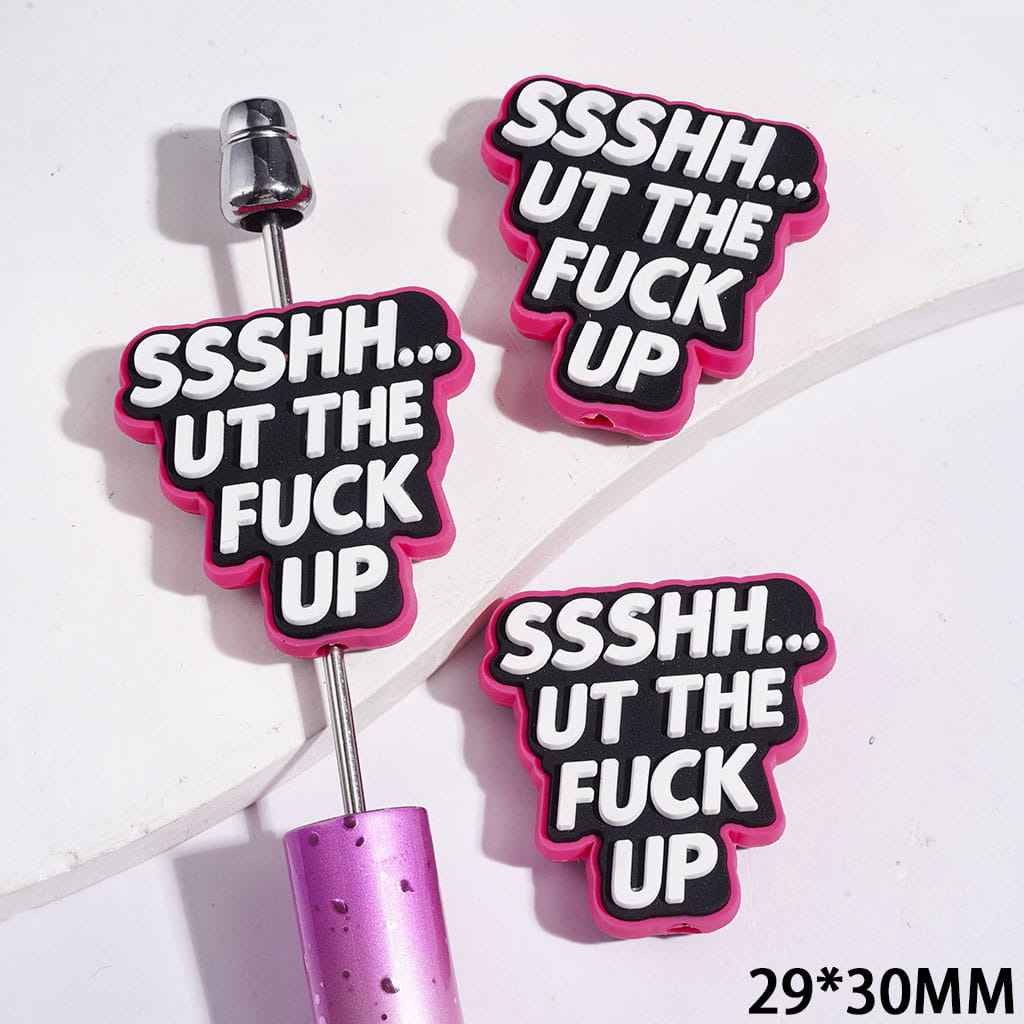 Bold White Humor Text on Black Background Silicone Focal Beads, 29*30MM