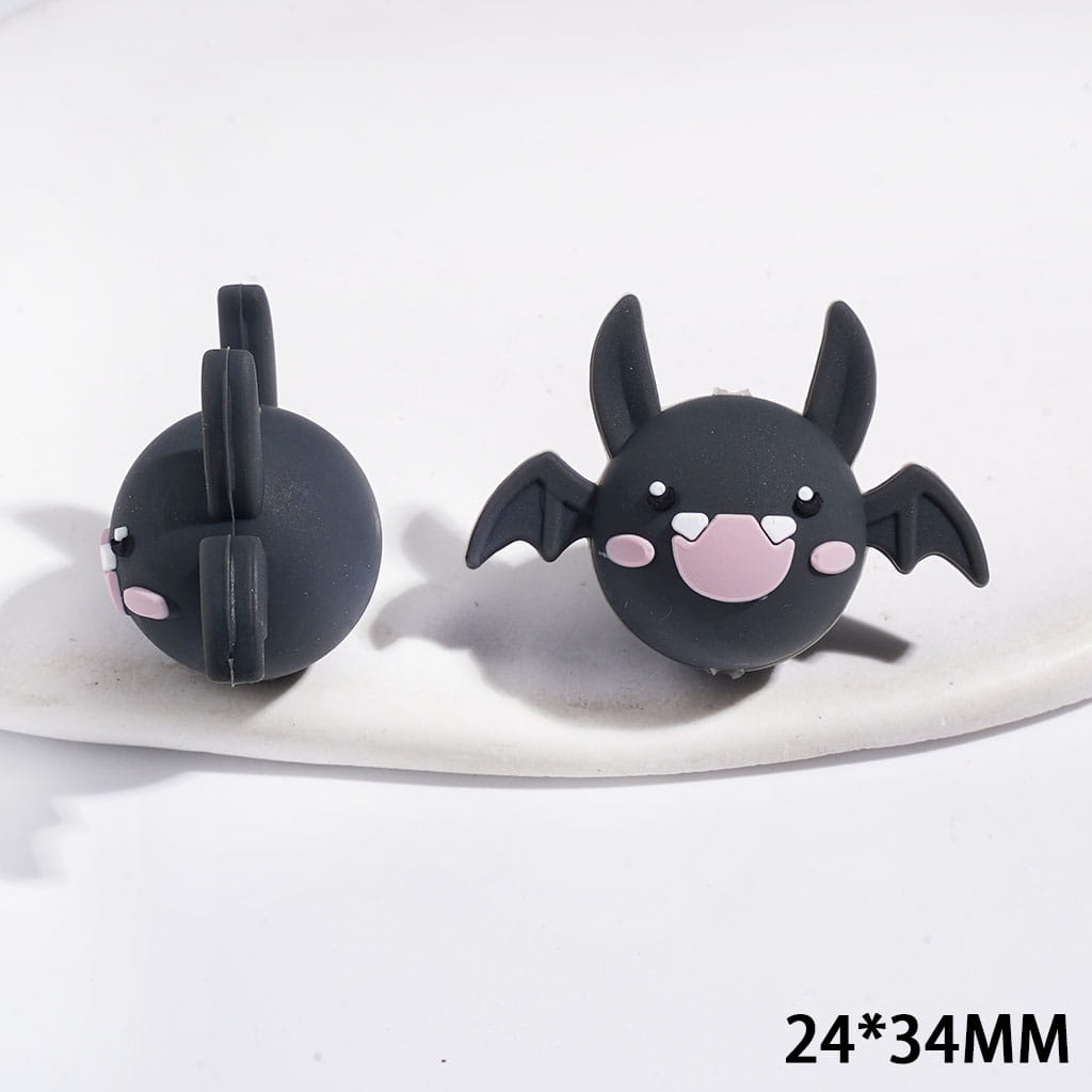 3D Spooky Dark Gray Bat with Horns & Spread Wings Silicone Focal Beads, 24*34MM