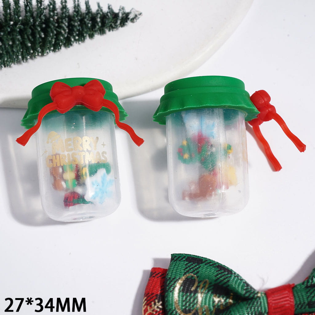 Festive Green Lid Christmas Bottle with Red Bowtie, Gingerbread Man, Wreath & Snowflake Shaker Design Silicone Focal Beads, 27*34MM