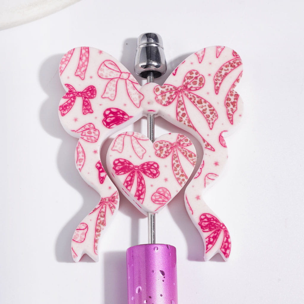 Playful Pink Leopard Bow Pattern Bowtie & Heart Shape Silicone Focal Beads Collection Set, 45*52MM