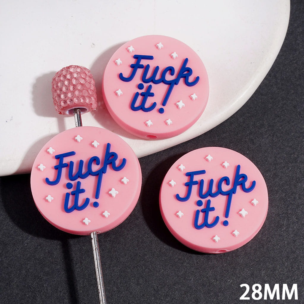 Silicone Focal Beads with Humor Text and White Star on Pink Background, Flat Round Shape, 28MM