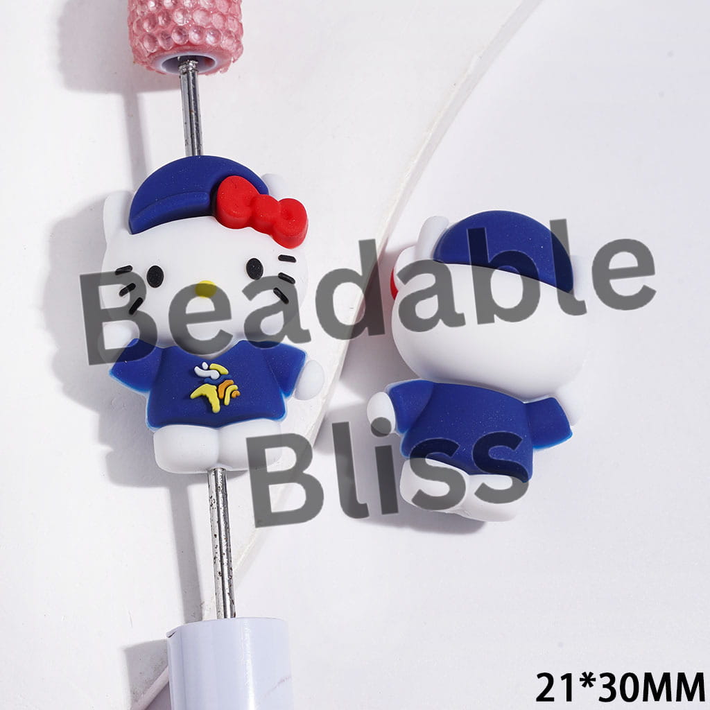 3D Cute Cat Character with Blue Cap and Red Bow, Minnesota Football Silicone Focal Beads, 21*30MM