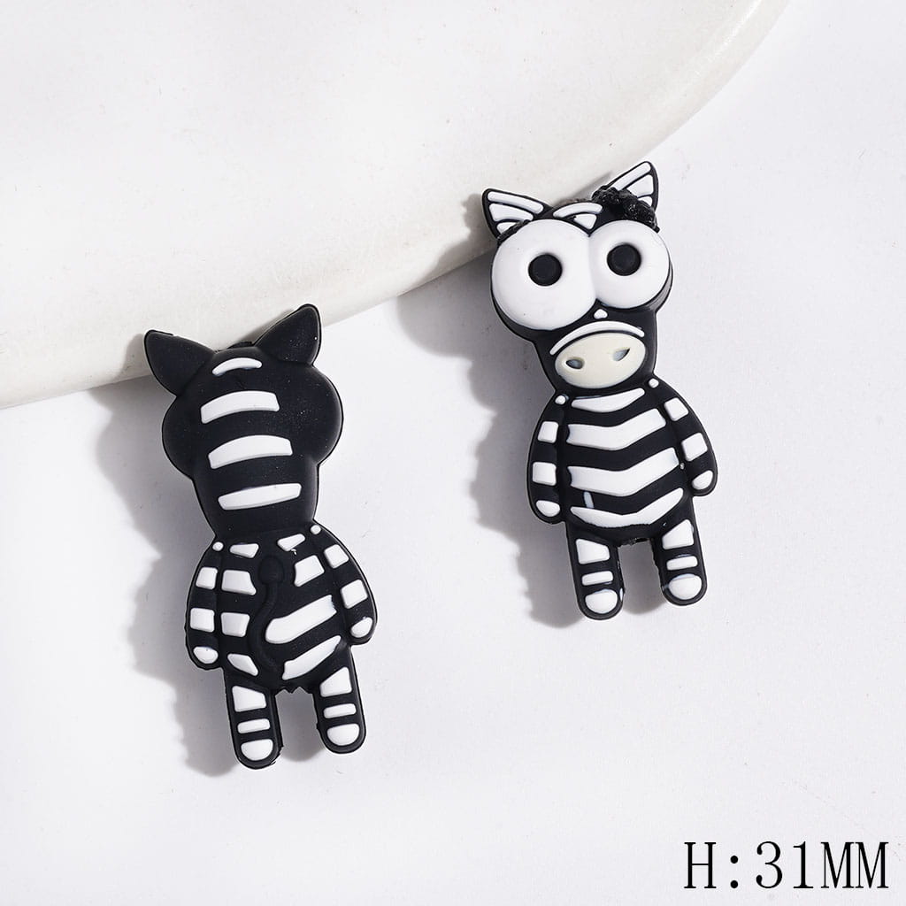 3D Funny Zebra Silicone Focal Beads with Comical Eyes and Black White Stripes, Height 31MM