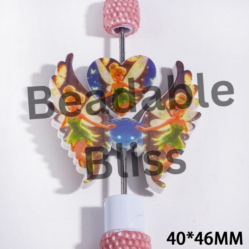 Printed Silicone Focal Beads Flying Fairy Character with Green Dress, Heart and Wing Set, 40*46MM