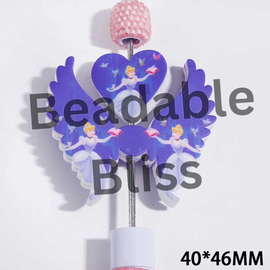 Printed Silicone Focal Beads Classic Animation Princess Character and Elf, Heart and Wing Set, 40*46MM