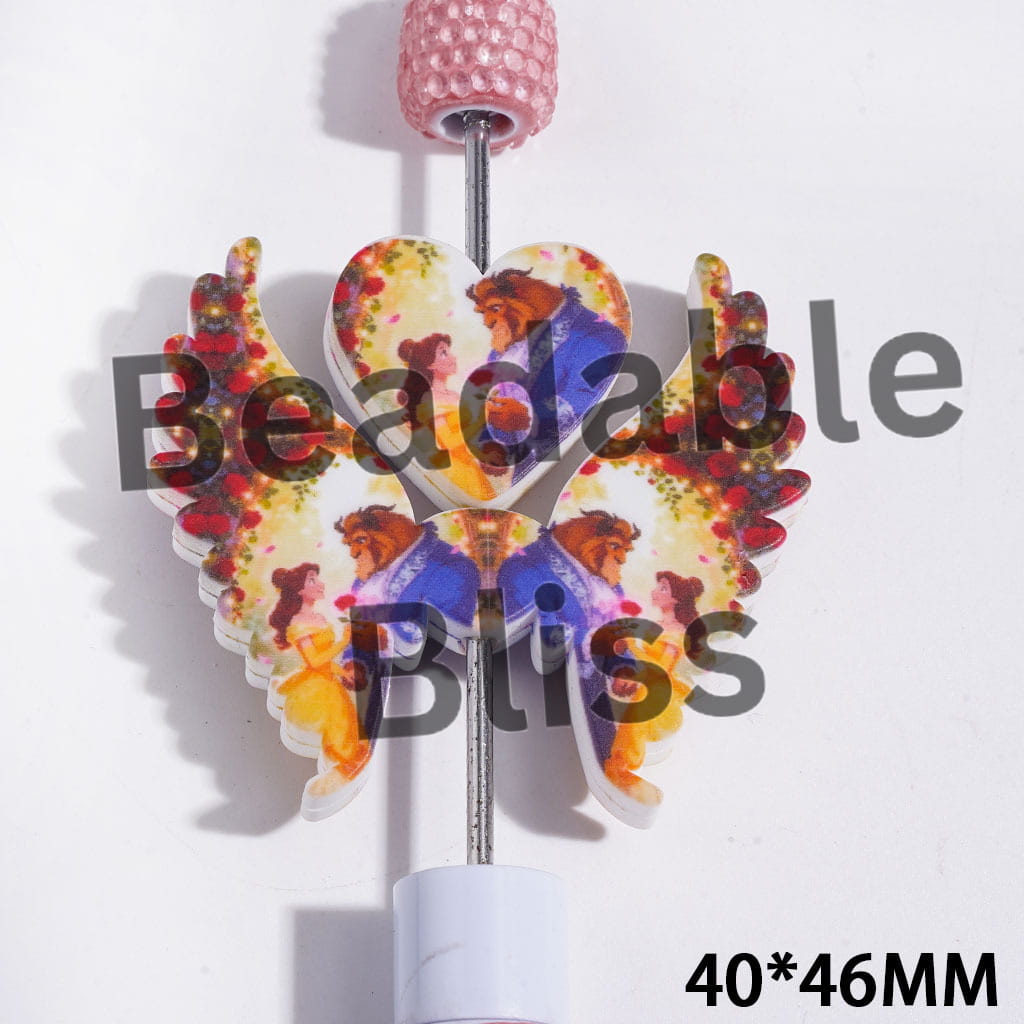 Printed Silicone Focal Beads Princess and Wild Animal Character, Heart and Wing Set, 40*46MM