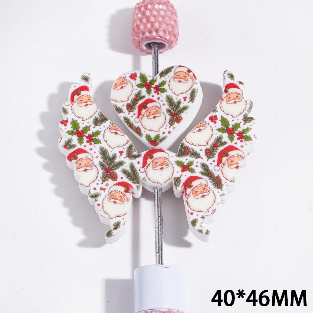 Printed Silicone Focal Beads Santa Claus and Holly Pinecone Pine Branch, Heart and Wing Set, 40*46MM