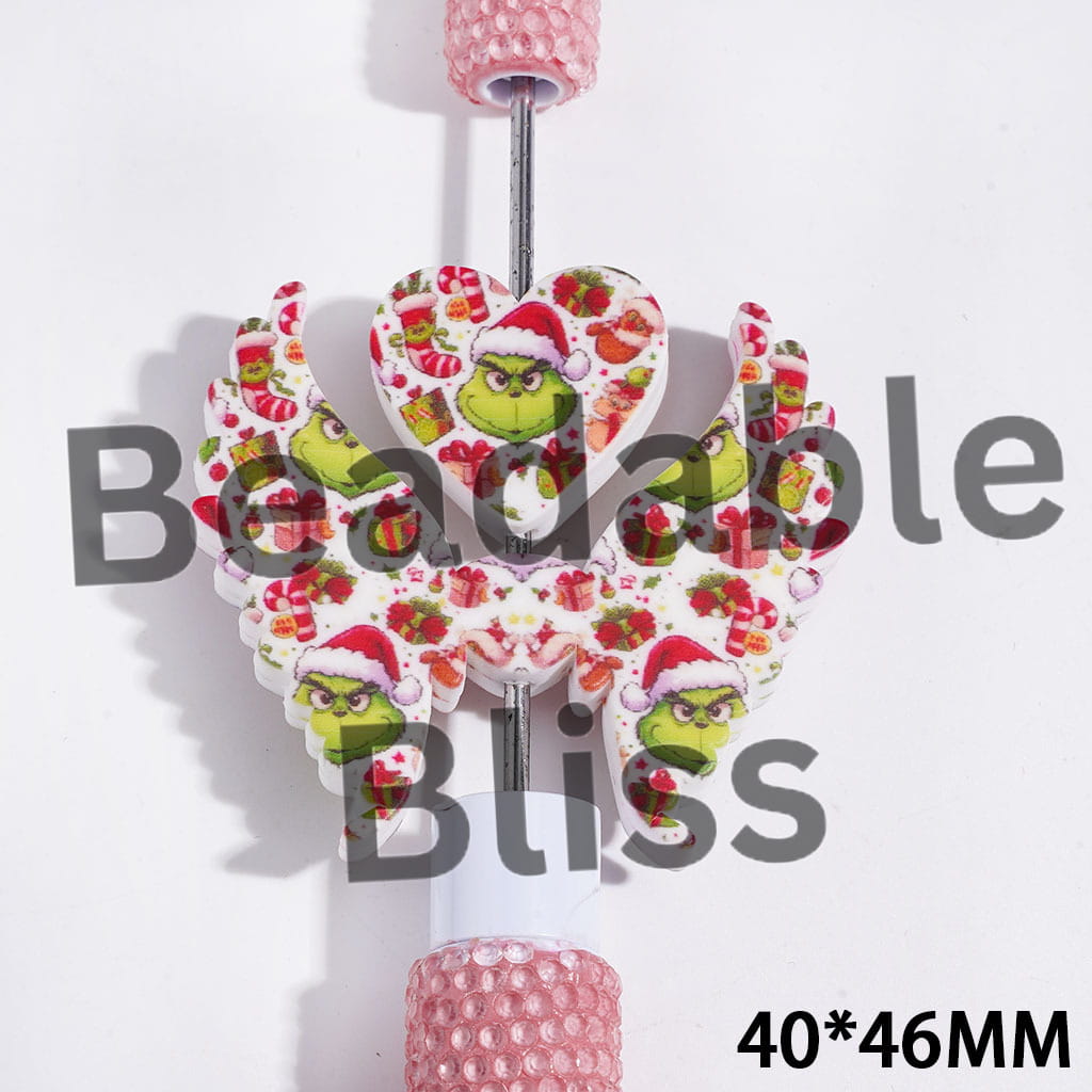 Printed Silicone Focal Beads Green Green Characters and Candy Cane Gift Box Wreath Socks Gingerbread Man, Heart and Wing Set, 40*46MM