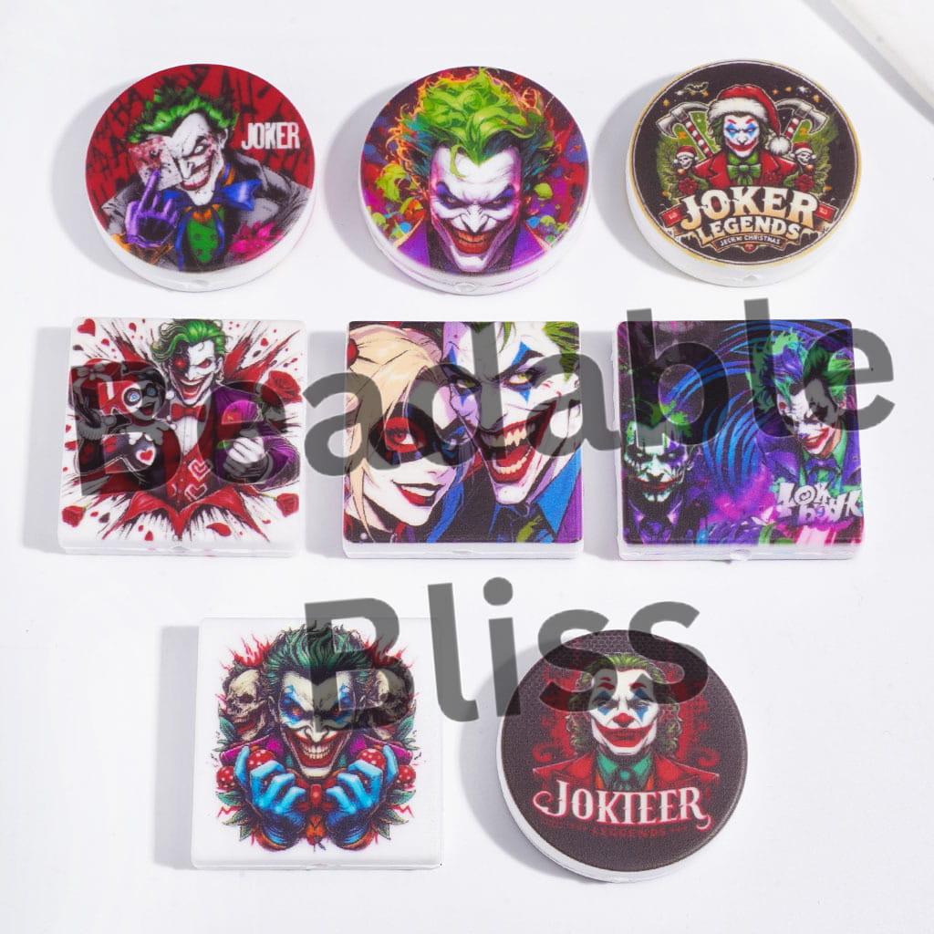 Classic Villains Joker and Girl Characters Silicone Focal Beads, Flat Round and Square Shape, Random Mix