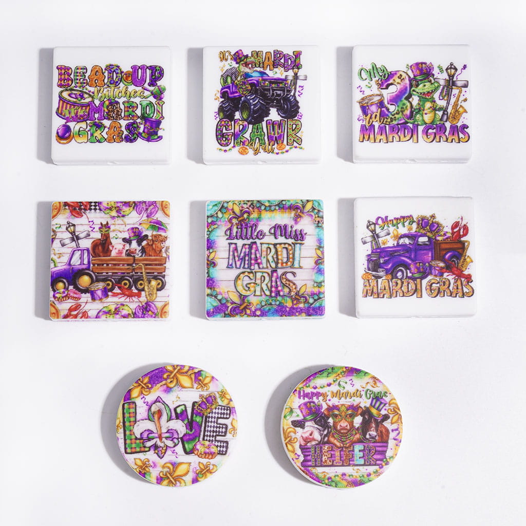 The Mardi Gras in USA New Orleans Silicone Focal Beads, Flat Round and Square Shape, Random Mix