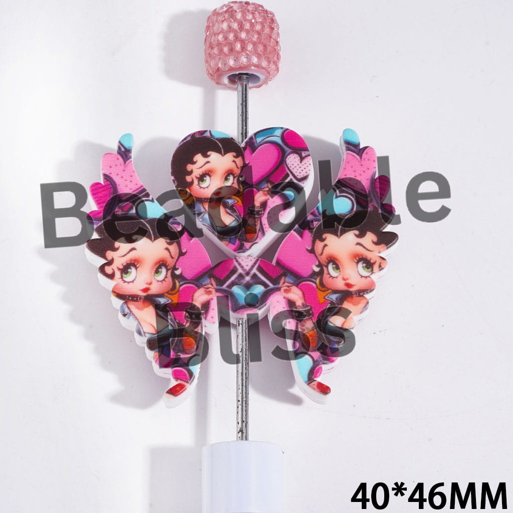 Printed Silicone Focal Beads Fashion Doll Characters with Pink Blue Heart and Wearing Motorcycle Suit, Heart and Wing Set, 40*46MM