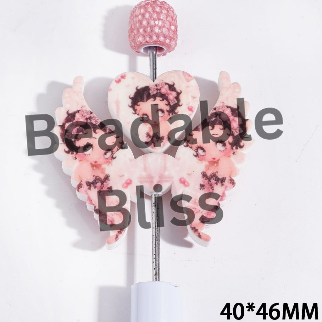 Printed Silicone Focal Beads Fashion Doll Characters with Light Pink Lace Dress, Heart and Wing Set, 40*46MM