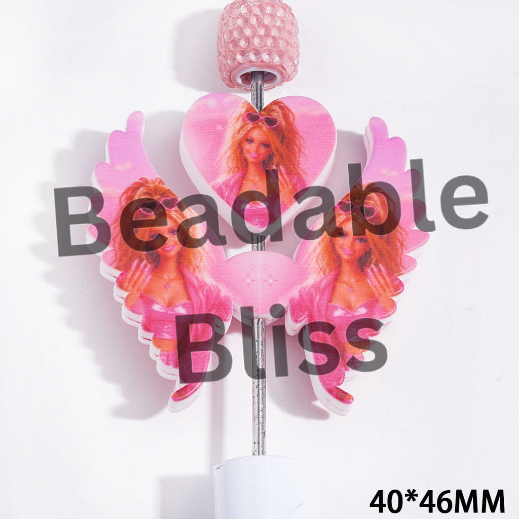 Printed Silicone Focal Beads Fashion Doll Characters Wearing Heart-Shaped Sunglasses, Heart and Wing Set, 40*46MM