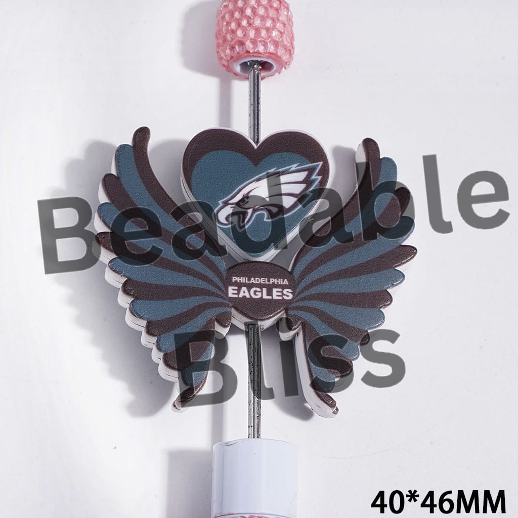 Printed Silicone Focal Beads American Football Bird Team Pattern, Heart and Wing Set, 40*46MM