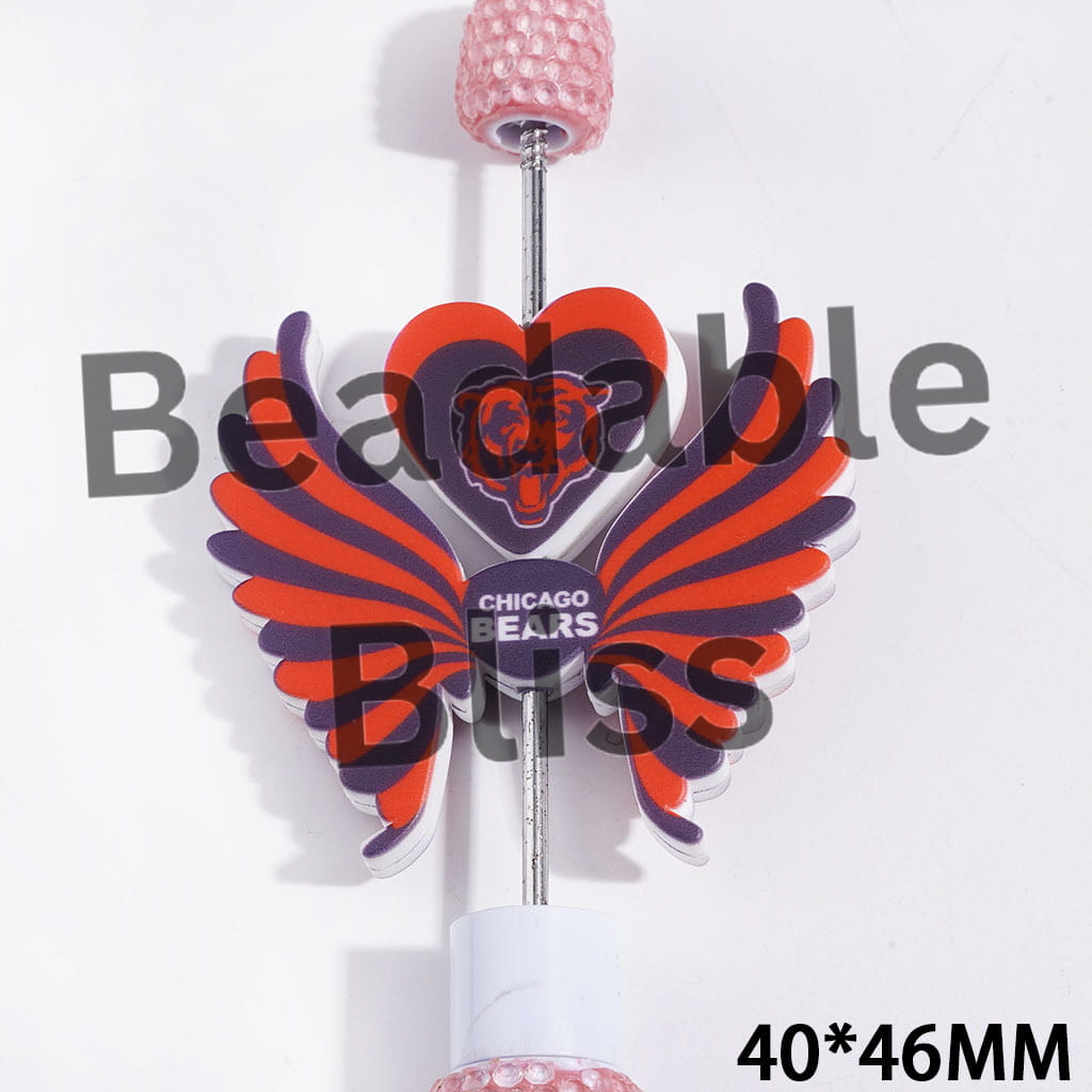Printed Silicone Focal Beads American Chicago Football Team Pattern, Heart and Wing Set, 40*46MM