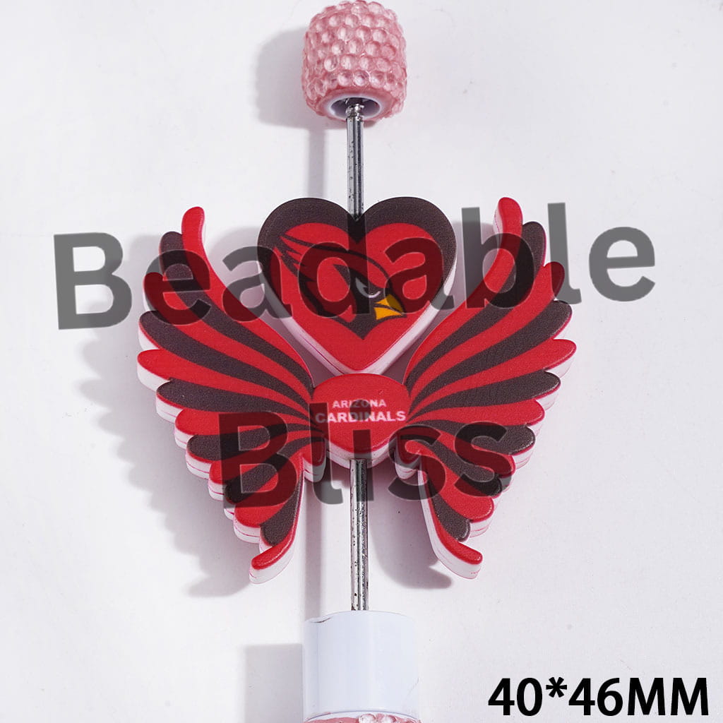 Printed Silicone Focal Beads American Football Arizona Team Pattern, Heart and Wing Set, 40*46MM