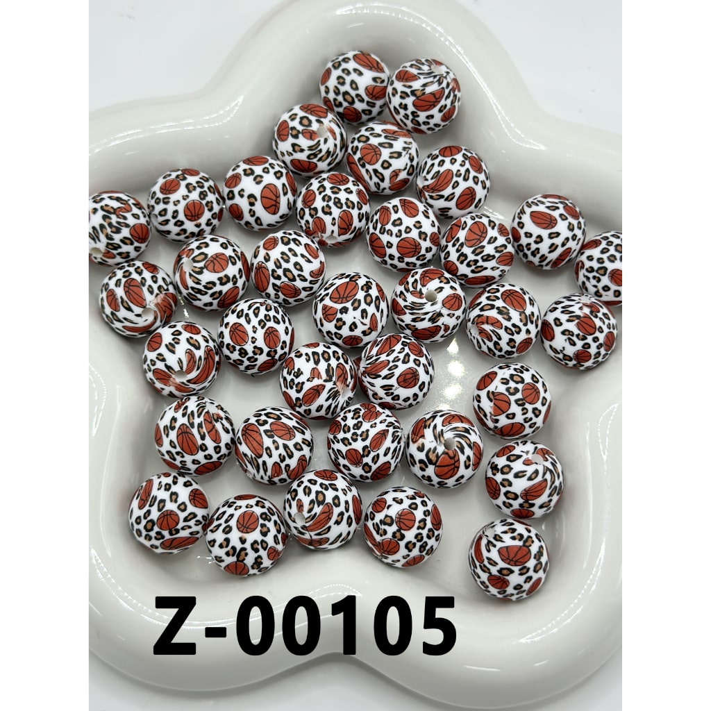Basketball Printed Round Brown Jaguar Leopard Prints Silicone Beads 15mm, Number Z-00105