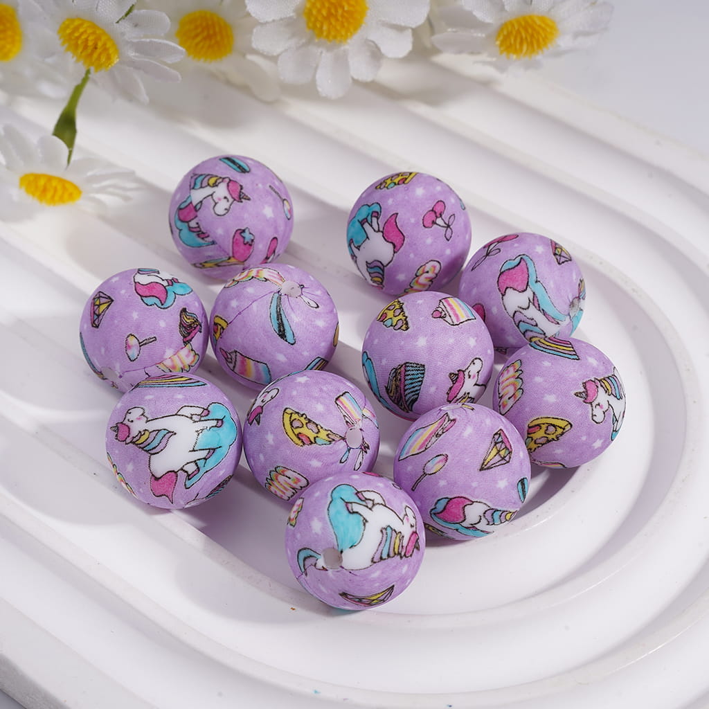 Unicorn and Iridescent Food Purple Round Printed Silicone Beads 15MM