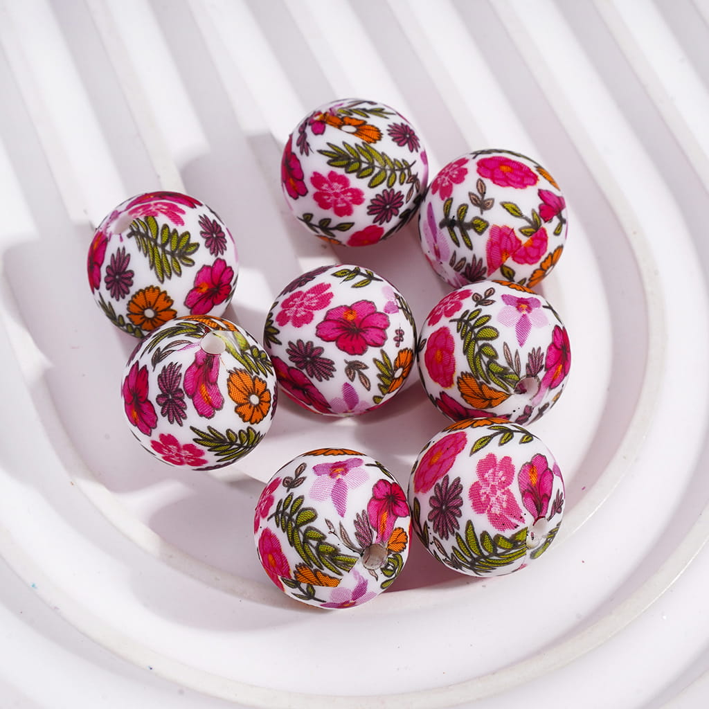 Bright Colorful Flowers & Green Leaf Prints Multi-Color Round Printed Silicone Beads 15MM Random Mix