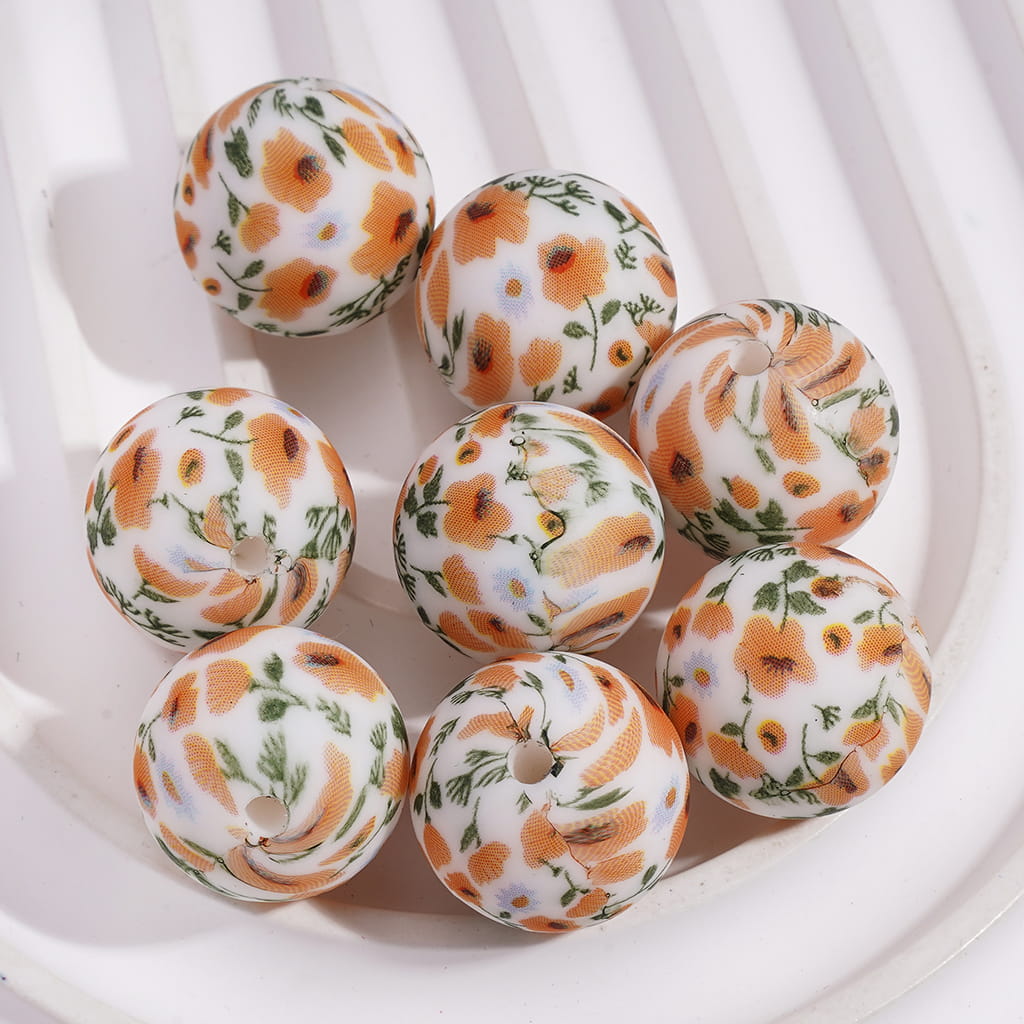 Blue & Yellow Floral Pattern White Round Printed Silicone Beads 15MM