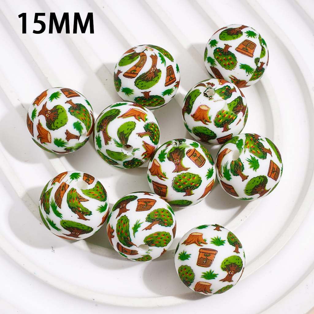Nature Theme Printed Round Printed Silicone Beads w Tree, Tree Stump, Grass & Flower Pot Design, 15MM, Random Mix