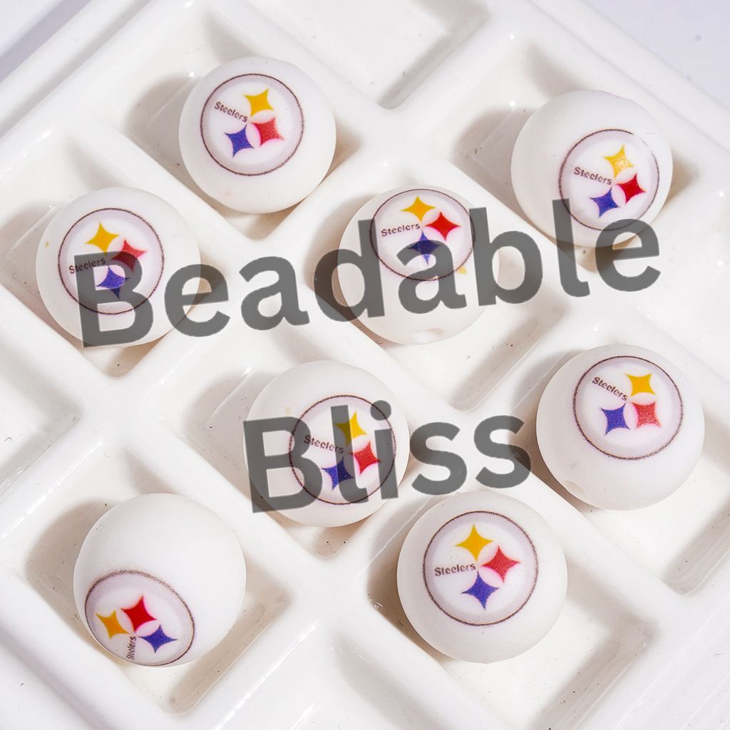 Printed Silicone Beads for DIY Bracelets American Football Pittsburgh Team, 15MM