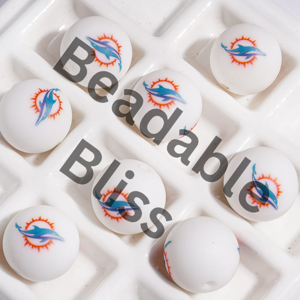 DIY Craft Bracelets or Necklaces | Printed Silicone Beads with Dolphin Pattern, American Football Team Miami, 15MM