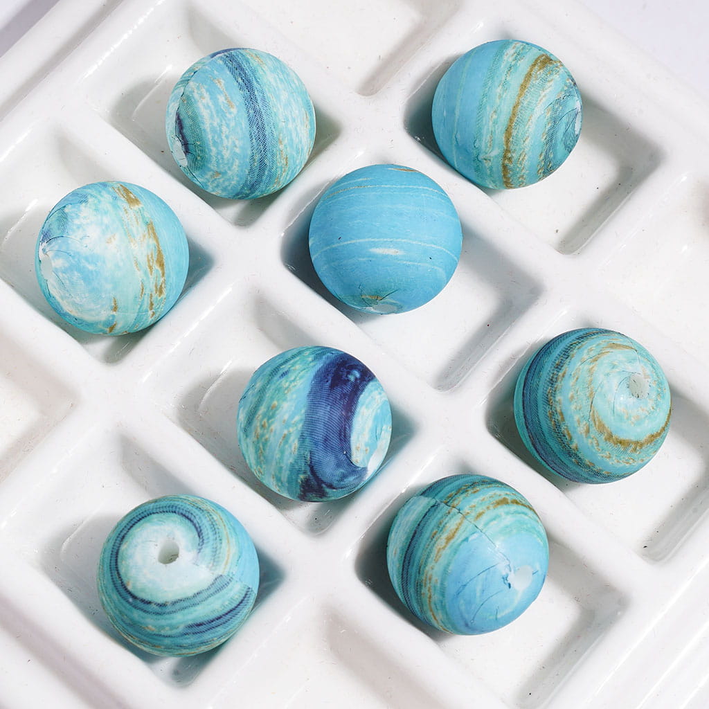 Printed Silicone Beads Blue Round in Ocean Style, 15MM Random Mix