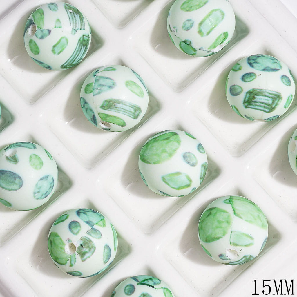 Sage Green Rhinestone Design Prints in Diverse Shapes Round Printed Silicone Beads, 15MM