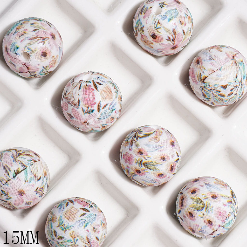 Delicate Soft Pink Petals and Peach Blooms Spring Floral Pattern Printed Round Silicone Beads, 15MM