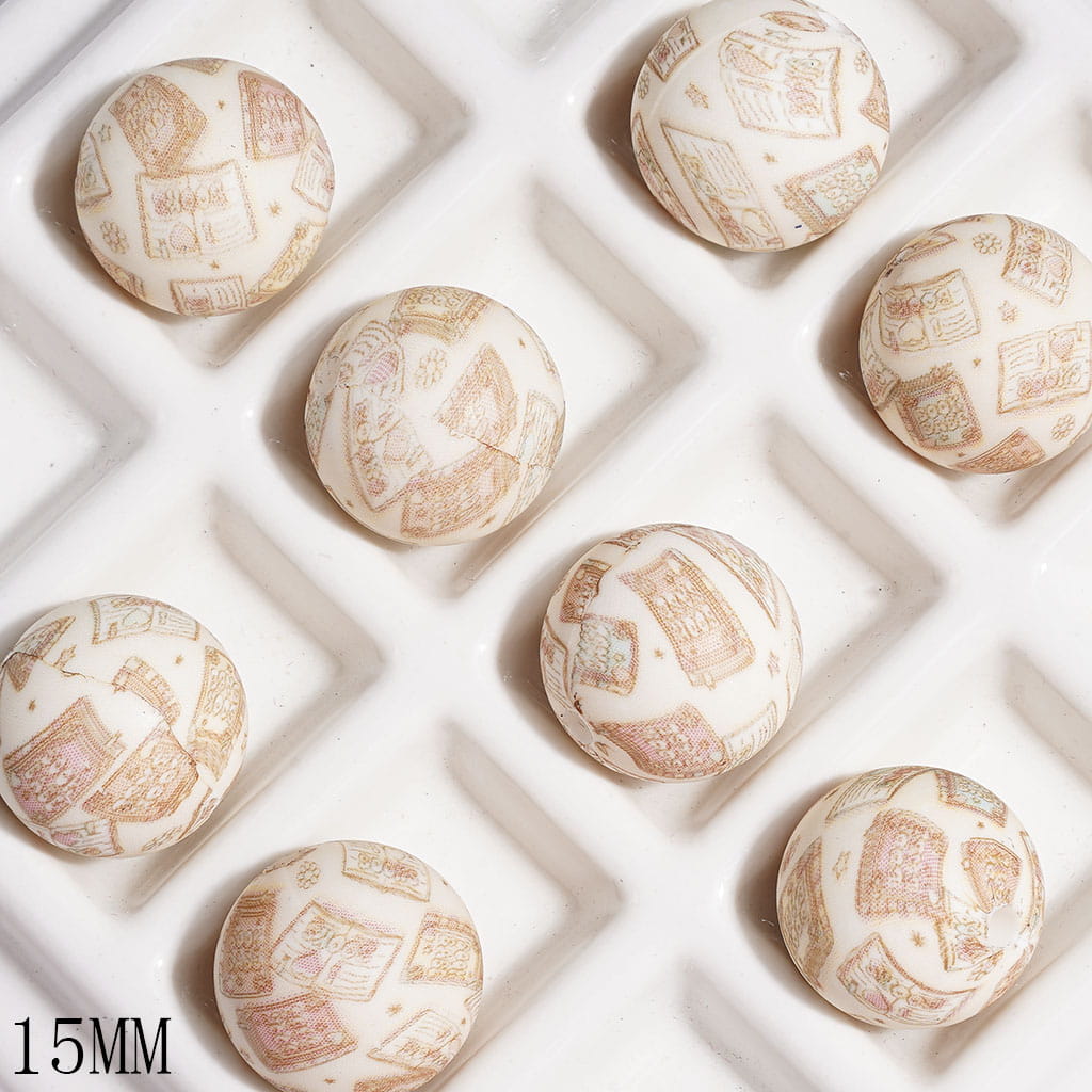 Cozy Light Brown Book Design Printed Round Silicone Beads, 15MM