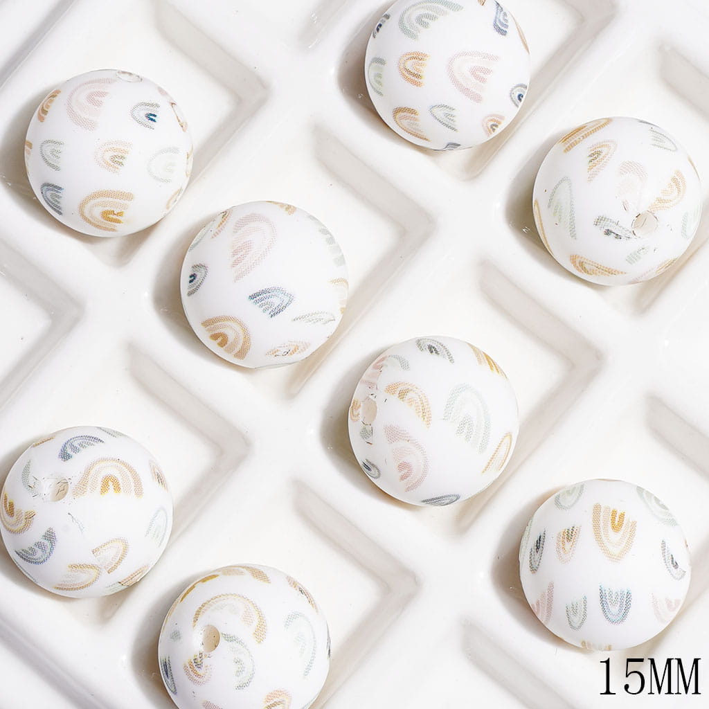 Printed Silicone Beads with Light Colors Rainbow Pattern, 15MM