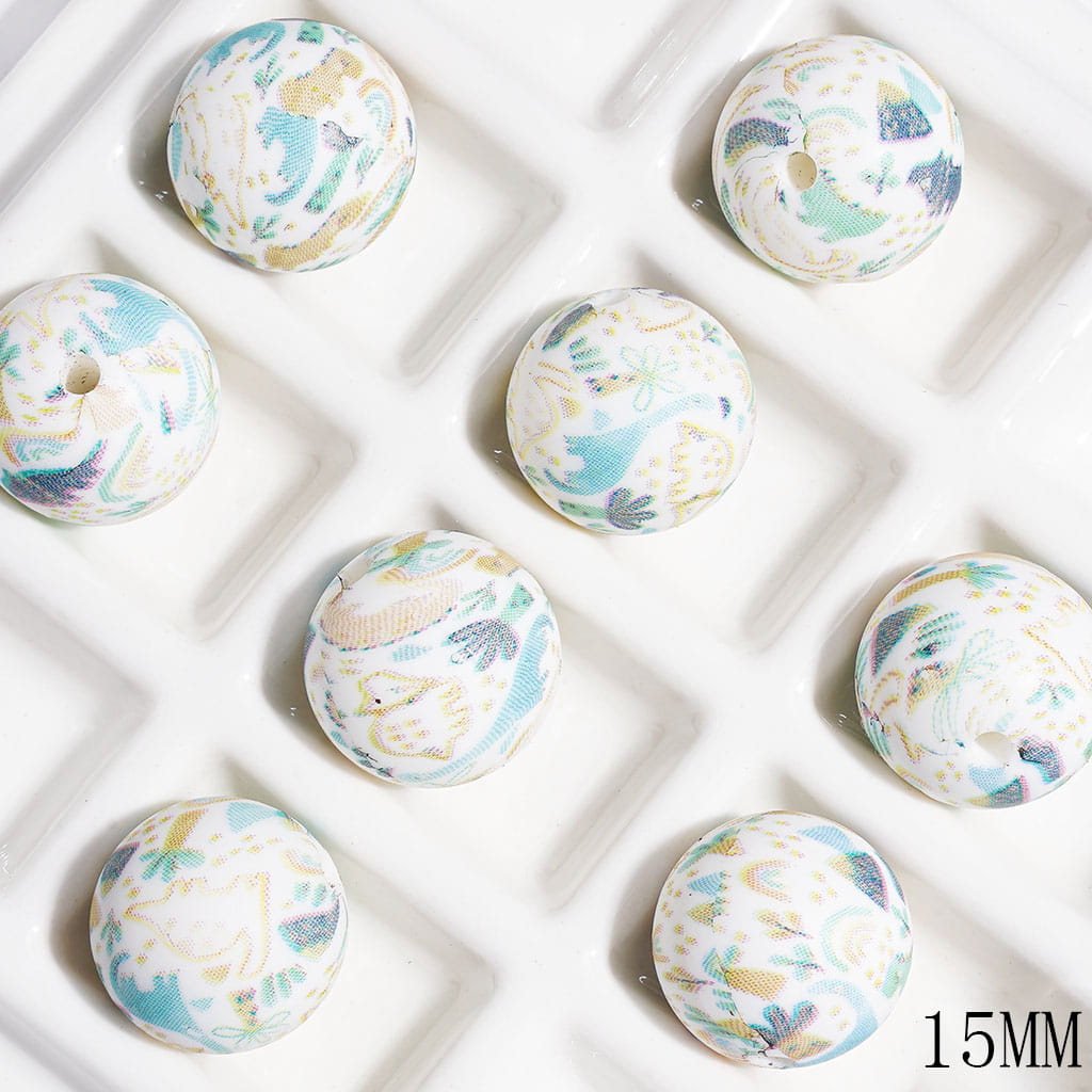 Dinosaur & Mountain & Tree & Rainbow Patterns Printed Silicone Beads, 15MM