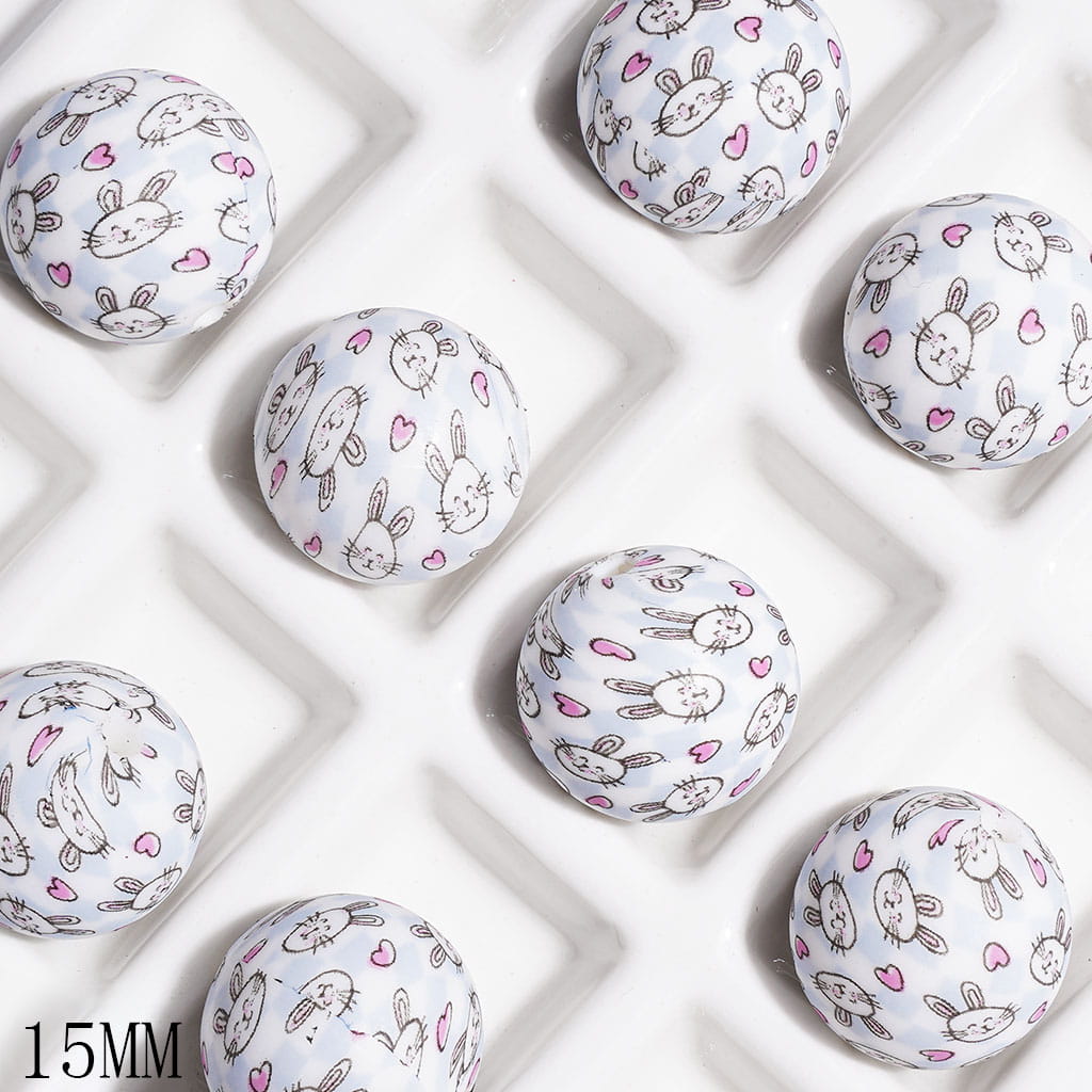 Printed Silicone Beads with Cute Rabbit Head and Pink Hearts Patterns, 15MM