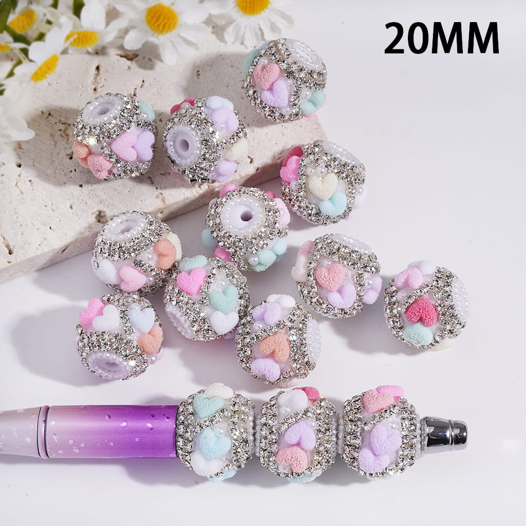 Macaron Color Granulated Heart with Rhinestones & White Pearls Round Acrylic Beads 20MM Random Mix